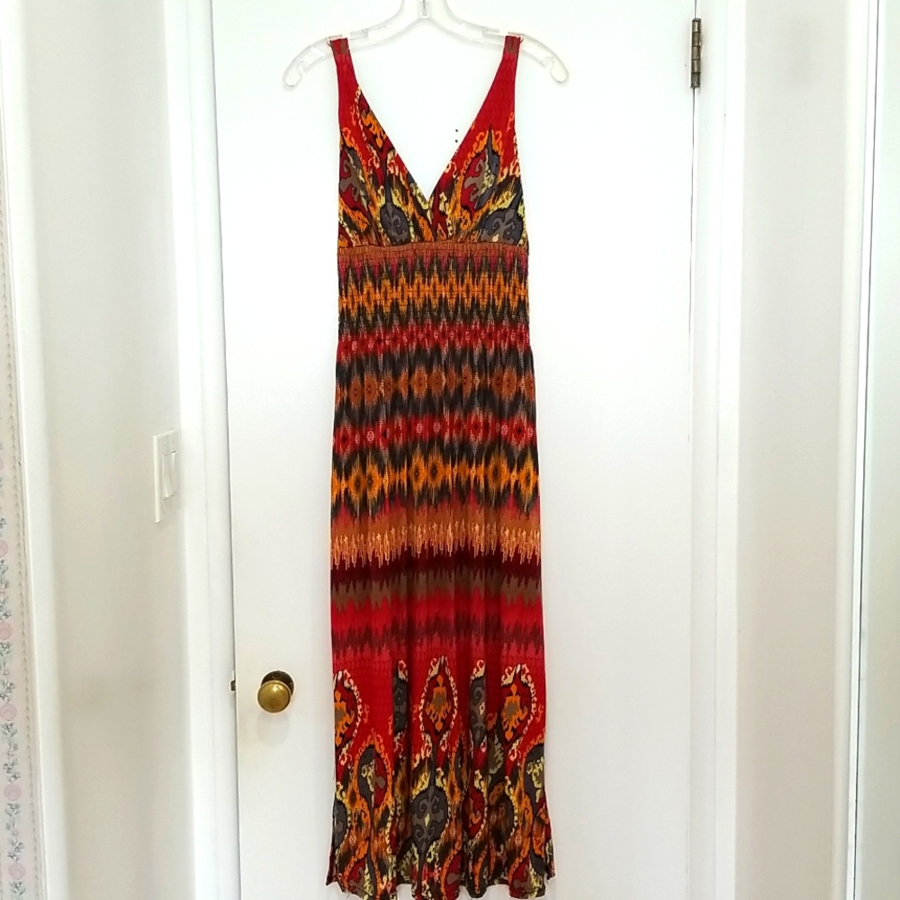 California Woman Boho Multi Color Tribal Print V-Neck Maxi Dress Size M